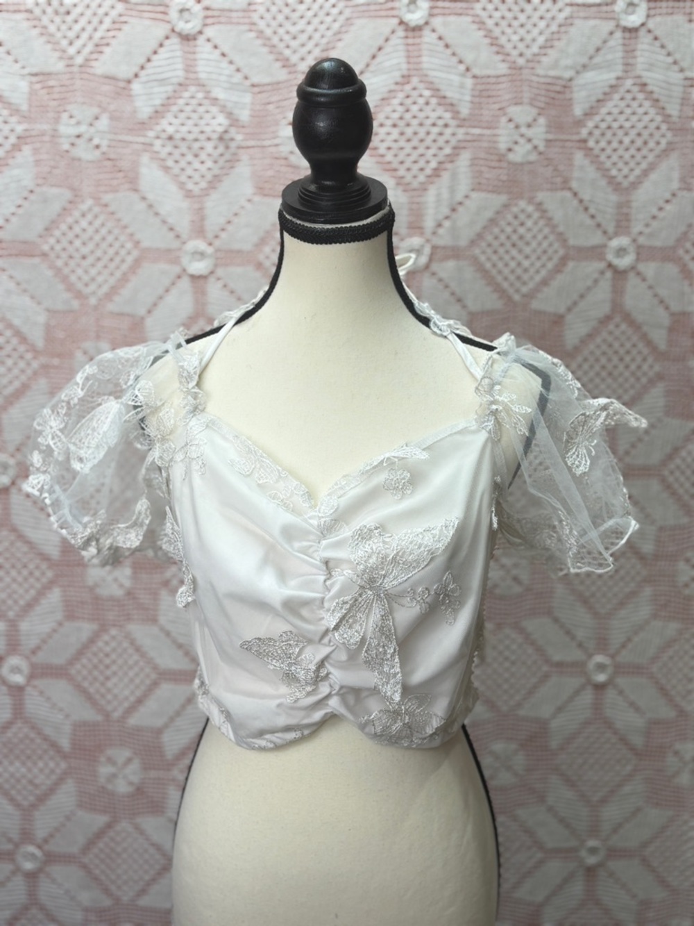White Lace-Trim Cropped Top with Puff Sleeves